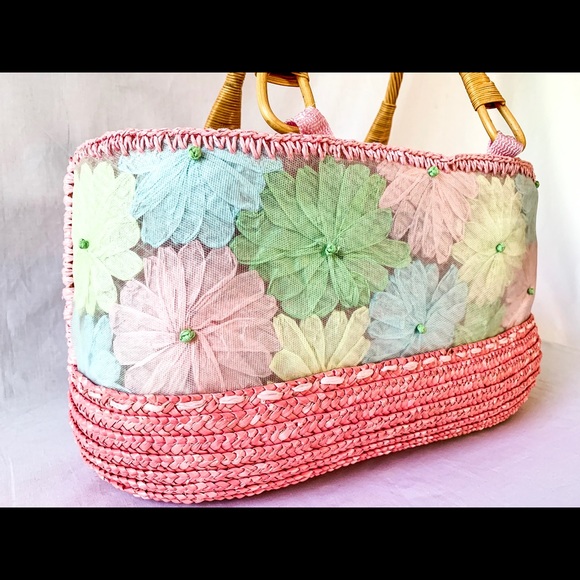 Floral woven Tote with Bamboo Handles - Picture 7 of 8